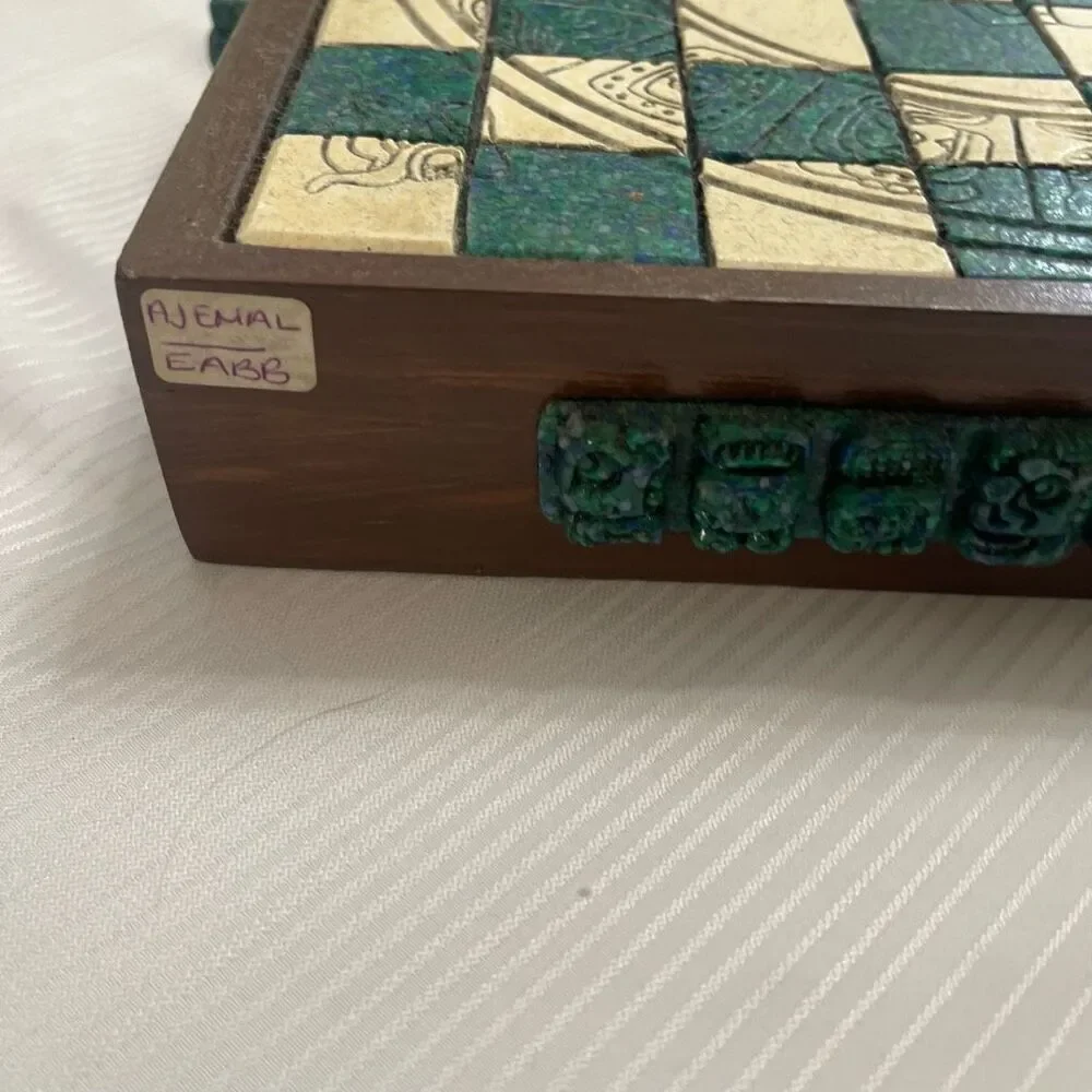 Aztec Mayan Calendar Malachite/Wood Green Chess Set VTG Read Description